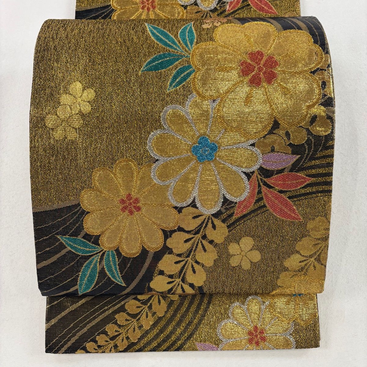 袋帯 秀品 落款 振袖向き 桜 草花 箔 金銀糸 金色 六通 正絹