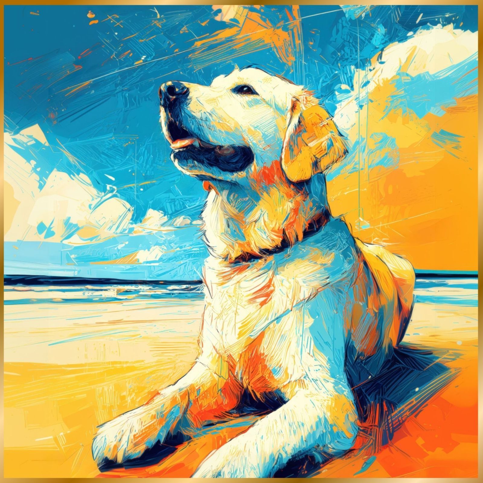 ゴールデンレトリバー犬とビーチのスケッチ No.1 海 犬の絵 犬のイラスト おしゃれ ミニマリスト ミニマリズム シンプル インテリアアート ペットロス うちの子 記念日 アートポスター ギフト プレゼント
