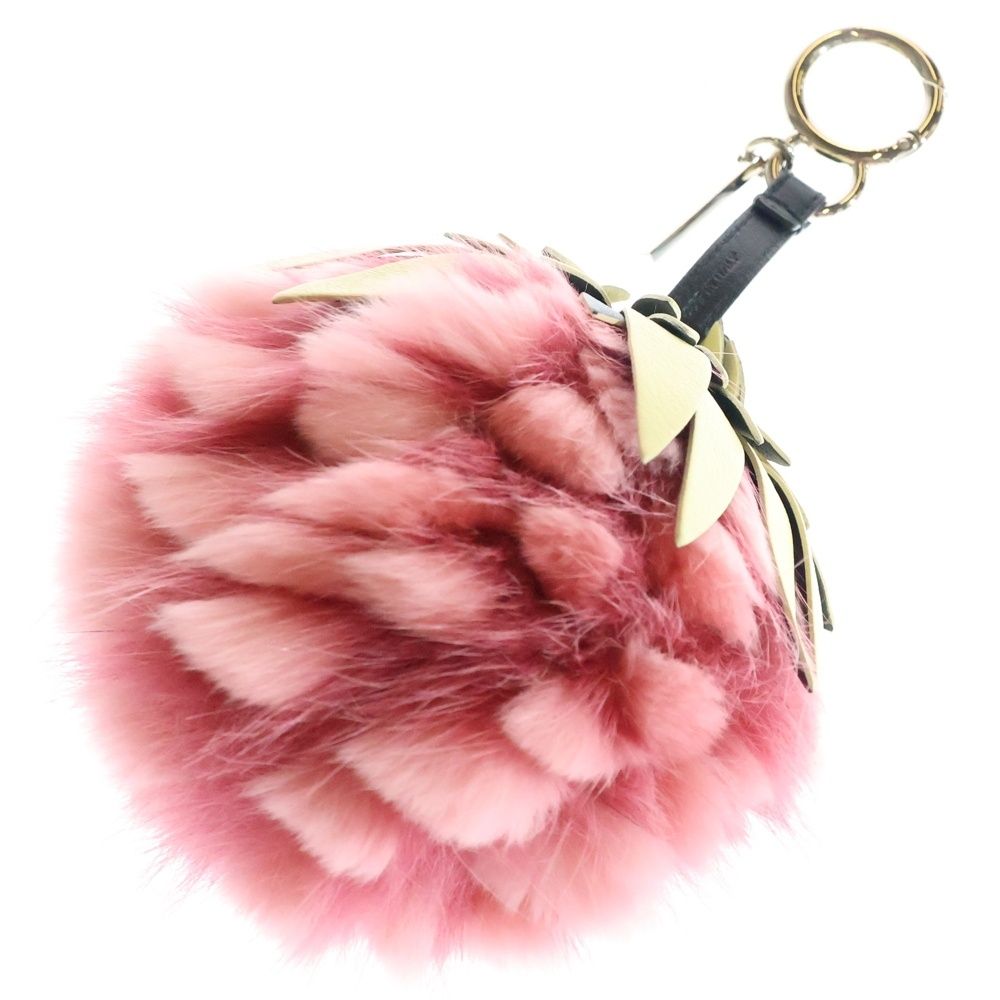 FENDI フェンディ フルーツチャーム ファー バッグチャーム キーホルダー キーリング ピンク×グリーン シルバー金具
