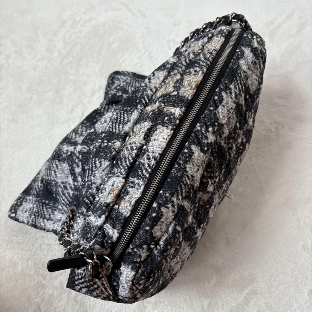 CHANEL ツイードプリント ナイロン Wチェーン ショルダーバッグ ポーチ