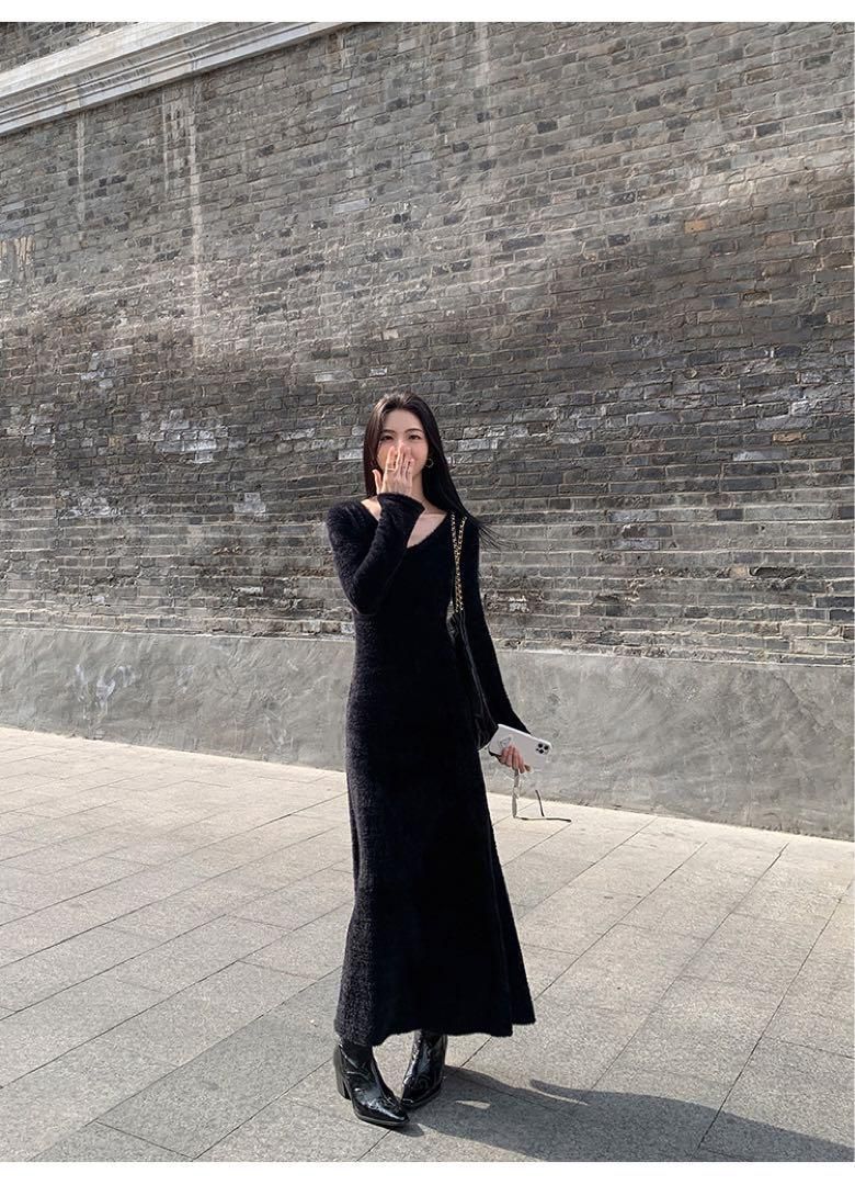 Vネックニットロングワンピース 春のお出かけにぴったりモテ服