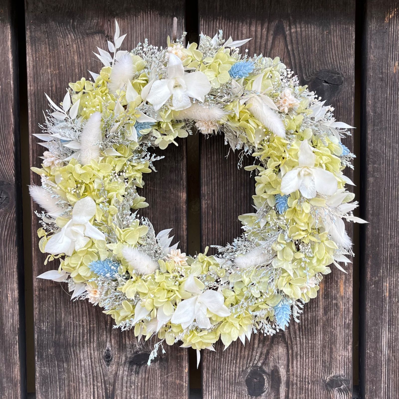 プリザーブドフラワー 爽やか リース 白グリーンにブルー