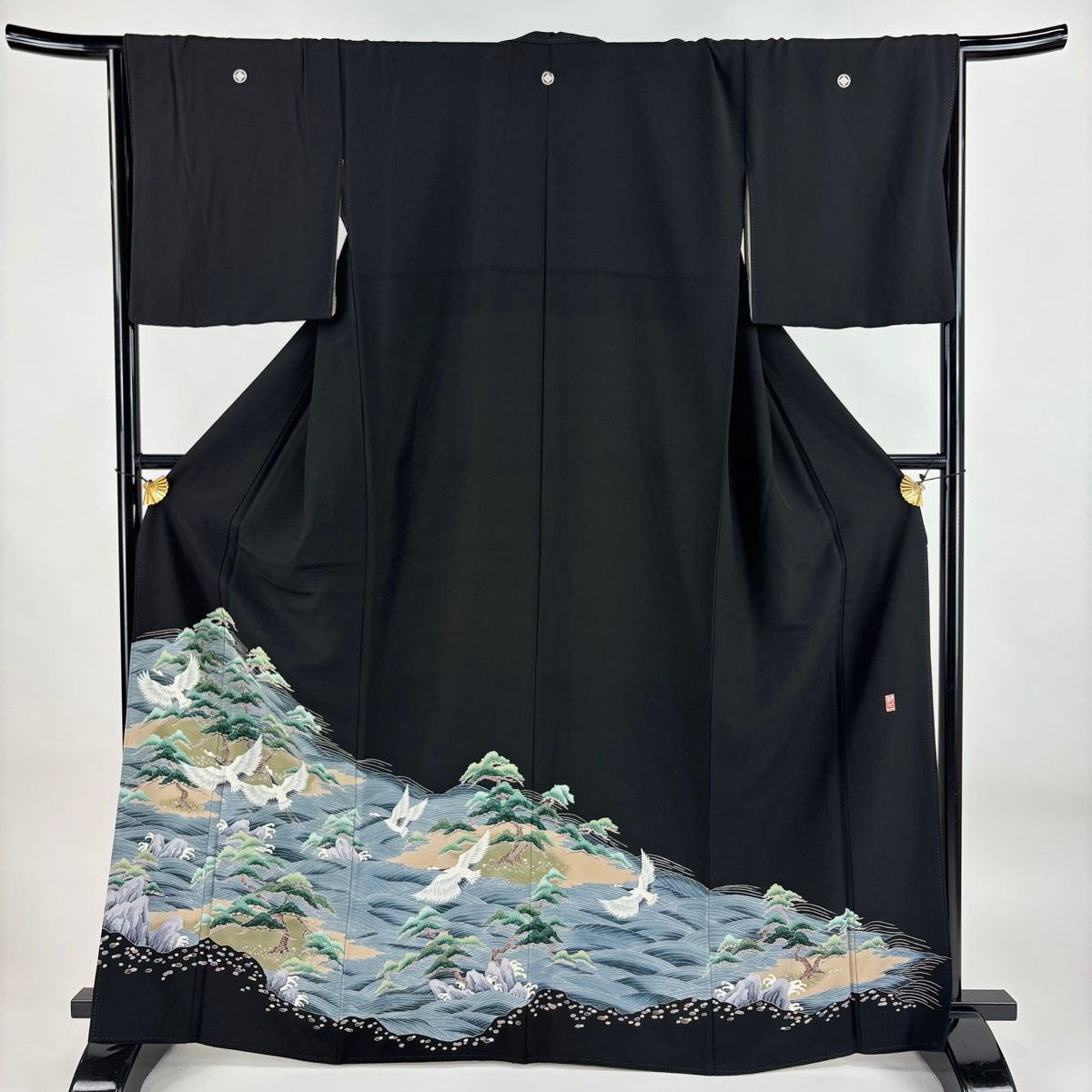 黒留袖 身丈166cm 裄丈67cm M 袷 加賀友禅 森田耕三 落款 鶴 松 ぼかし 黒 正絹 名品