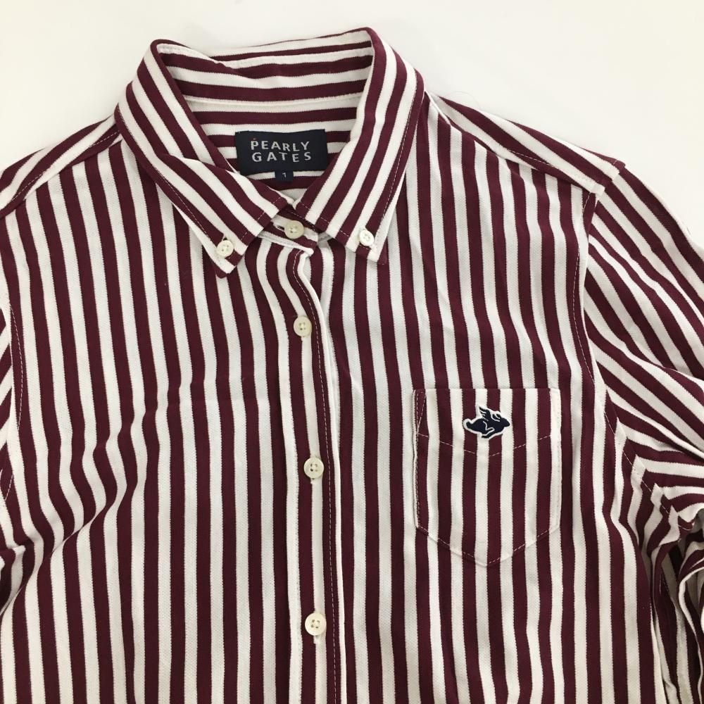 PEARLY GATES - 【超美品】パーリーゲイツ 長袖シャツ ボルドー×白 ストライプ ボタンダウン コットン100％ レディース 1(M) ゴルフウェア PEARLY GATES 超美品】パーリーゲイツ 長袖シャツ ボルドー×白 ストライプ