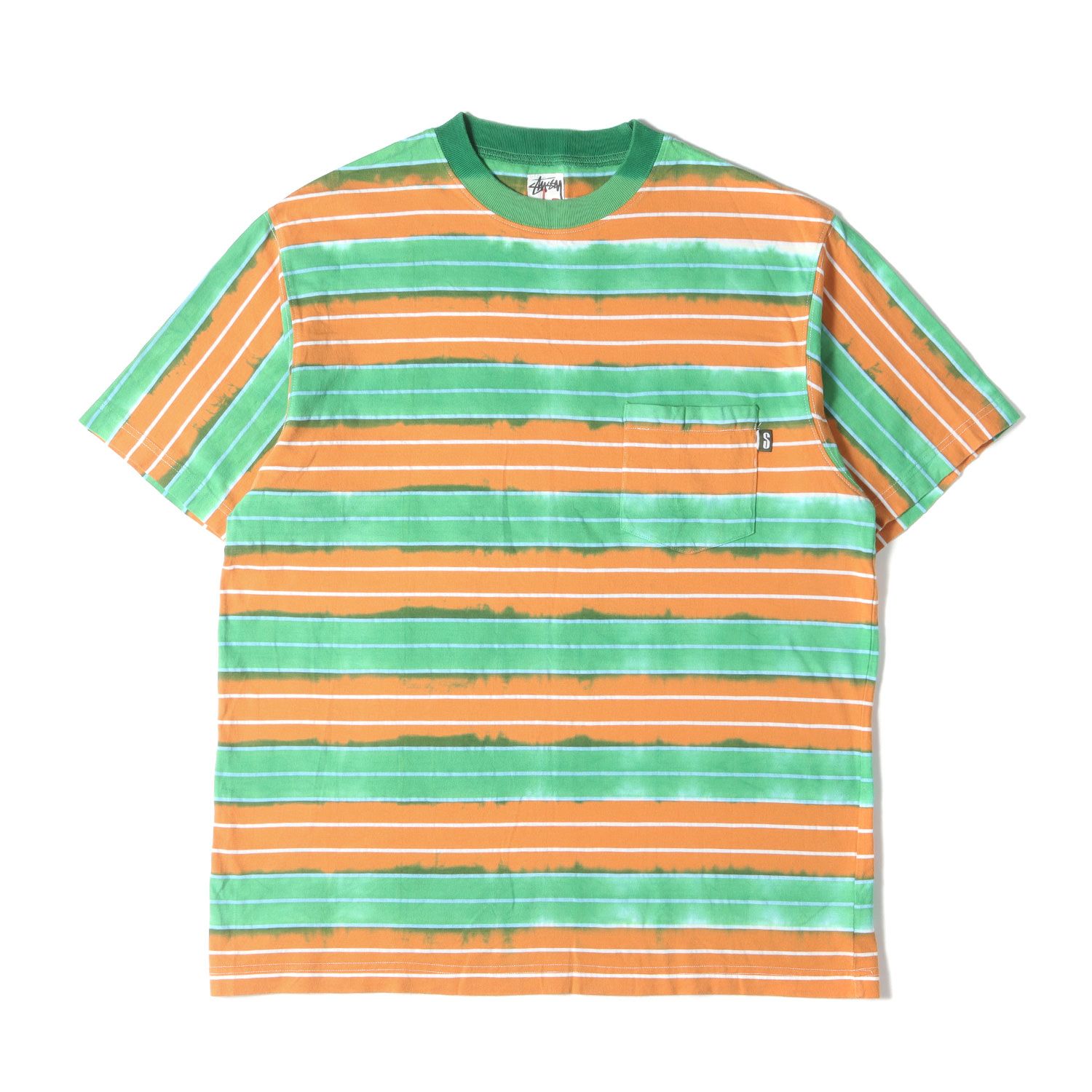 STUSSY ステューシー Tシャツ サイズ:L 00s タイダイ染め ボーダー ポケット クルーネック 半袖Tシャツ グリーン オレンジ トップス カットソー【メンズ】