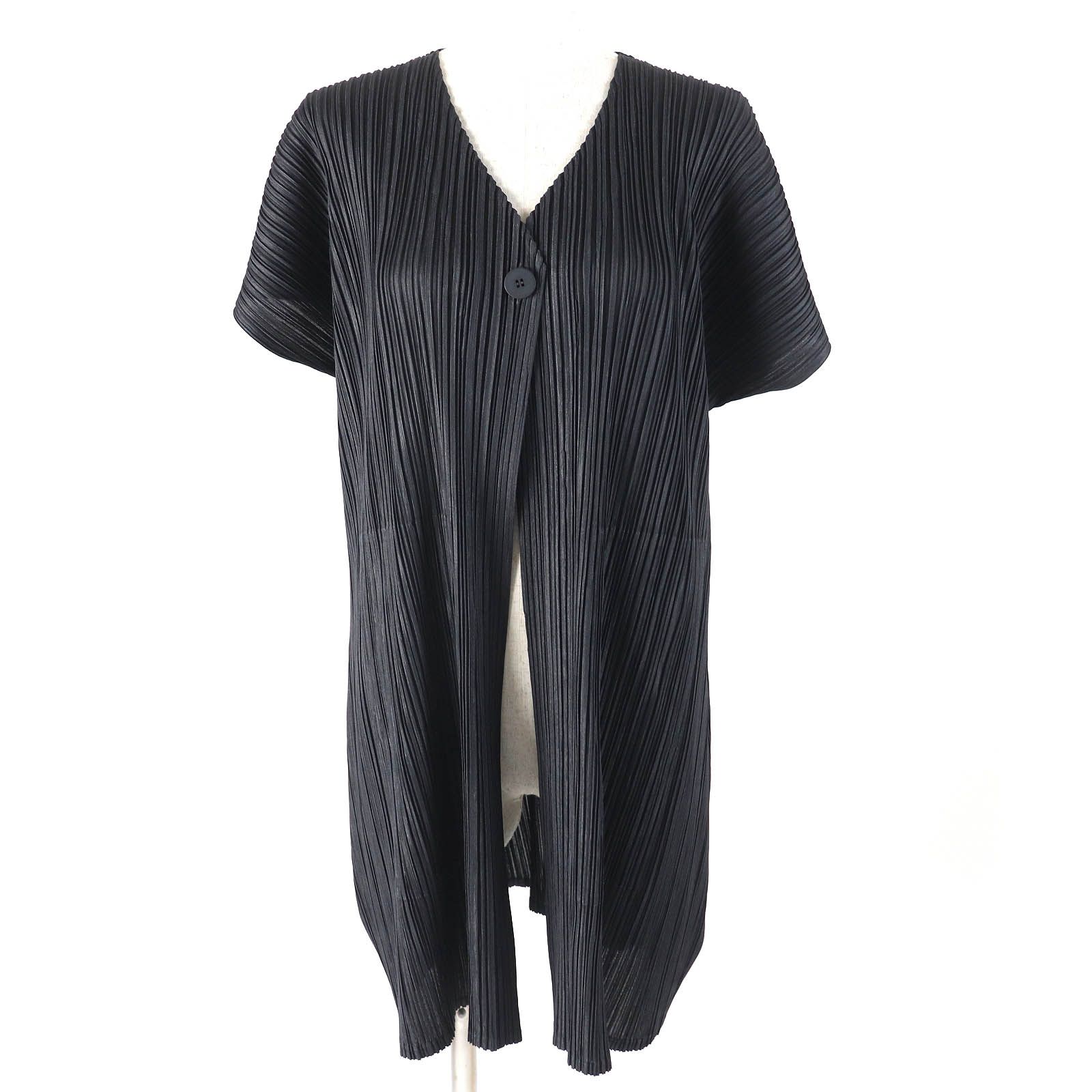△PLEATS PLEASE プリーツプリーズ イッセイミヤケ PP03-JK502 フレンチスリーブ Vネック ロング カーディガン ダークグレー 2 レディース