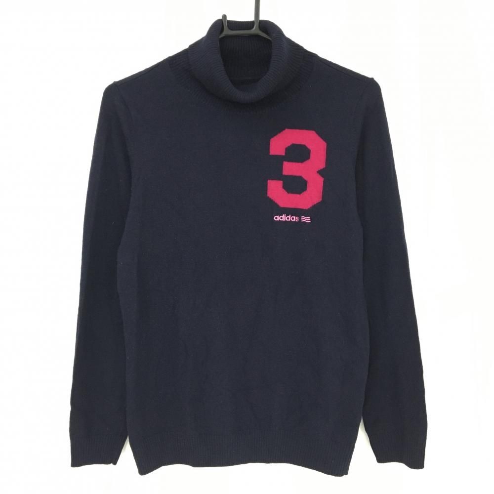 SALE価格【美品】アディダス タートルネックセーター ネイビー×ピンク ロゴ刺しゅう ウール混 レディース OT/XG ゴルフウェア adidas