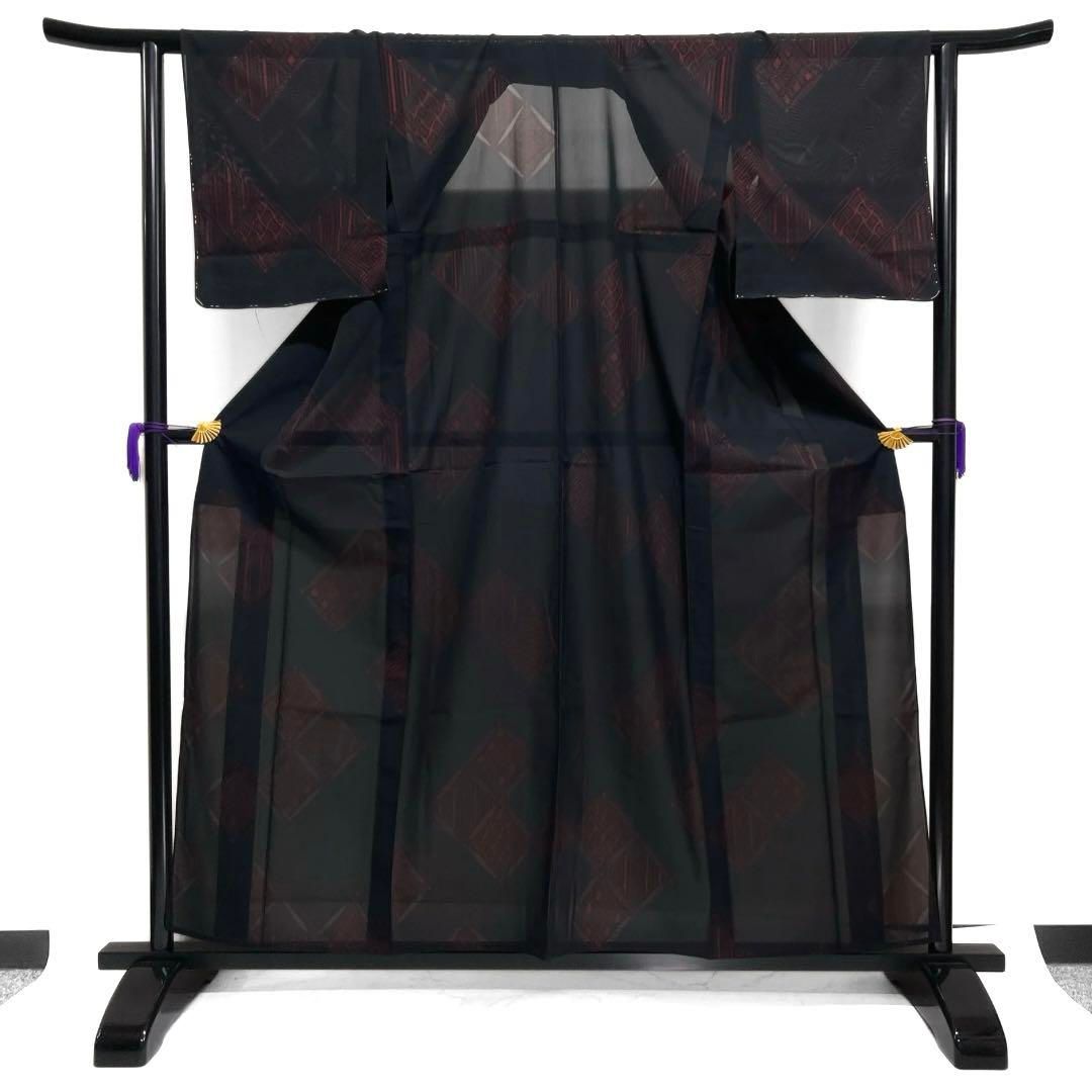未着用 小紋 大島紬 縦縞 蝶 グレー系 着物 043w d