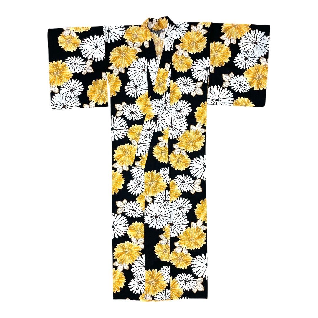【?大特価?定価9,800円】ME-A-310  新品未使用　女子　浴衣　お祭り　花火　花火大会　夏　盆踊り　縁日　デート　イベント　綿100% 昭和レトロ 大正ロマン 大人可愛い　花　菊模様　黒　白　黄　ブラック　ホワイト　お誕生日　プレゼント