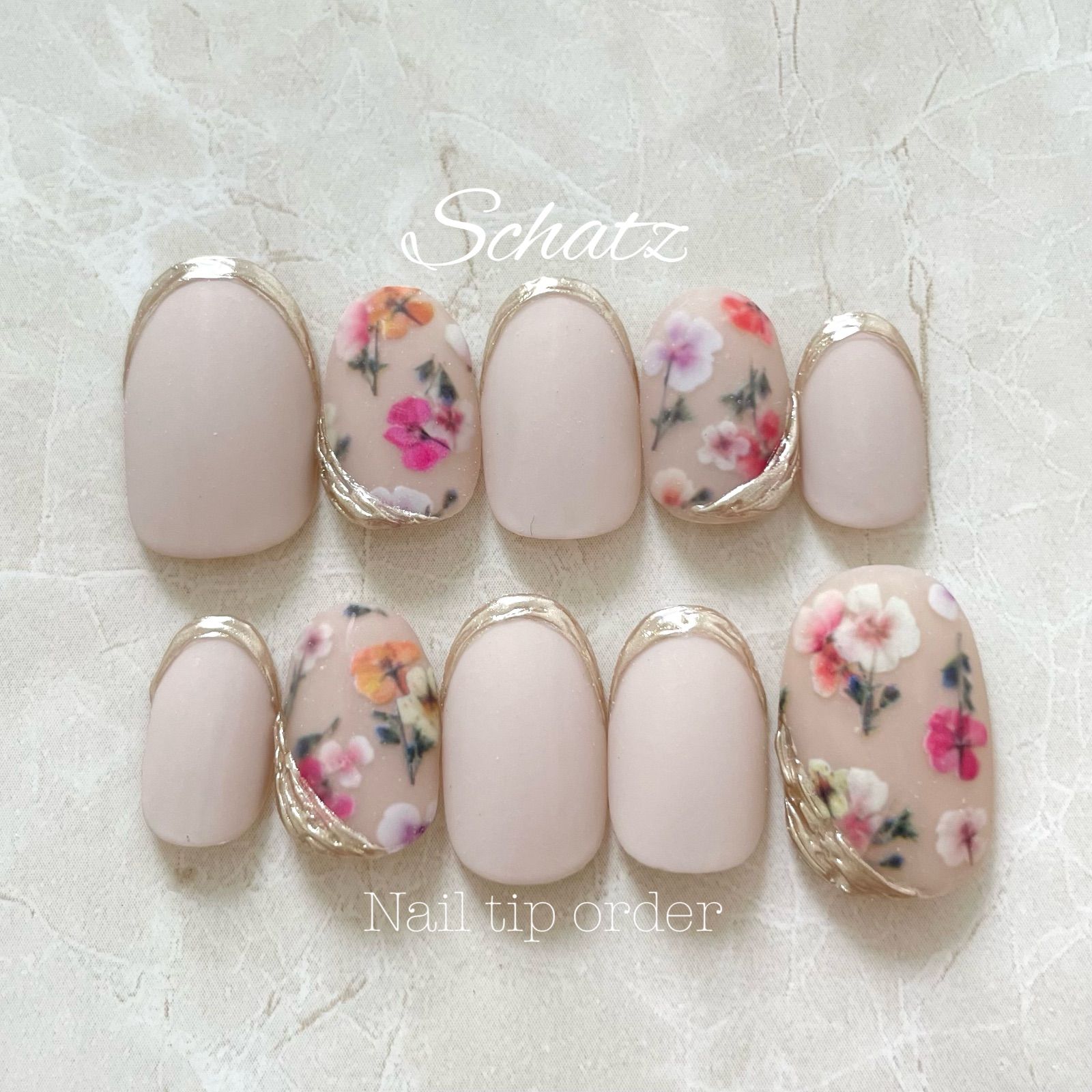 即日発送】現品 春ネイル フラワー ベージュ フレンチ シンプル ミラー 