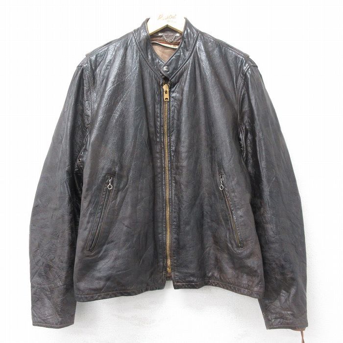 L/古着 長袖 ビンテージ レザー ジャケット メンズ 70s シングルライダース タロン 濃茶 ブラウン spe 24sep24 中古 アウター 革ジャン 皮