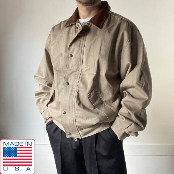 80s-90s SCHAEFER レザー×ツイル ショート丈 ブルゾン L ベージュ系 ジャケット アメリカ製 ビンテージ D152-18-0013ZV