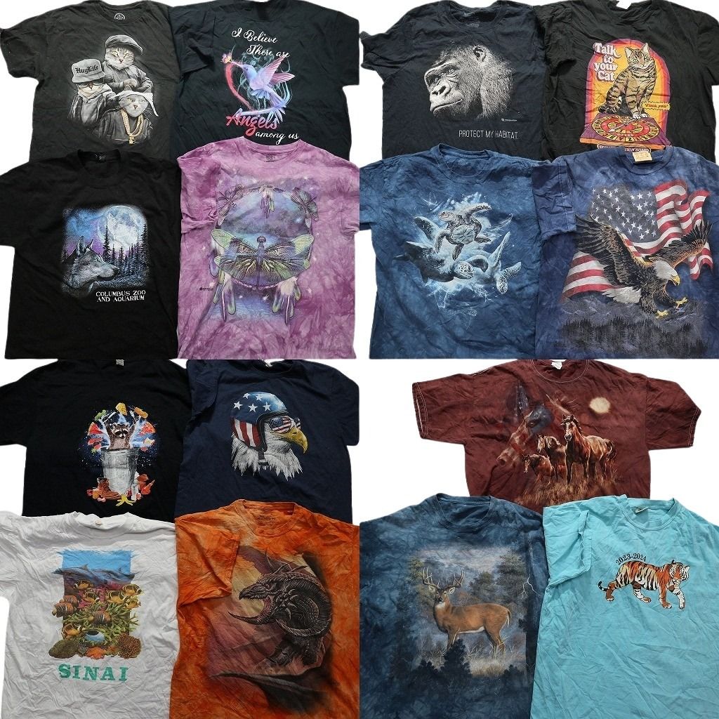 古着卸 まとめ売り アニマル 動物 半袖Tシャツ 15枚セット (メンズ XL ) ゴリラ カメ ネコ トリ トナカイ ウマ  中古 古着 MY9257