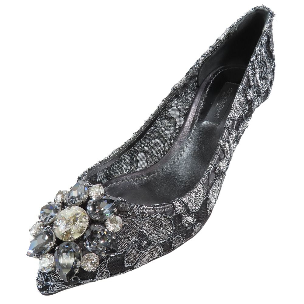 DOLCE-GABBANA ドルチェ＆ガッバーナ Bellucci 総レース ビジュー パンプス ミドルヒール シューズ 34 ブラック シルバー レディース 古着