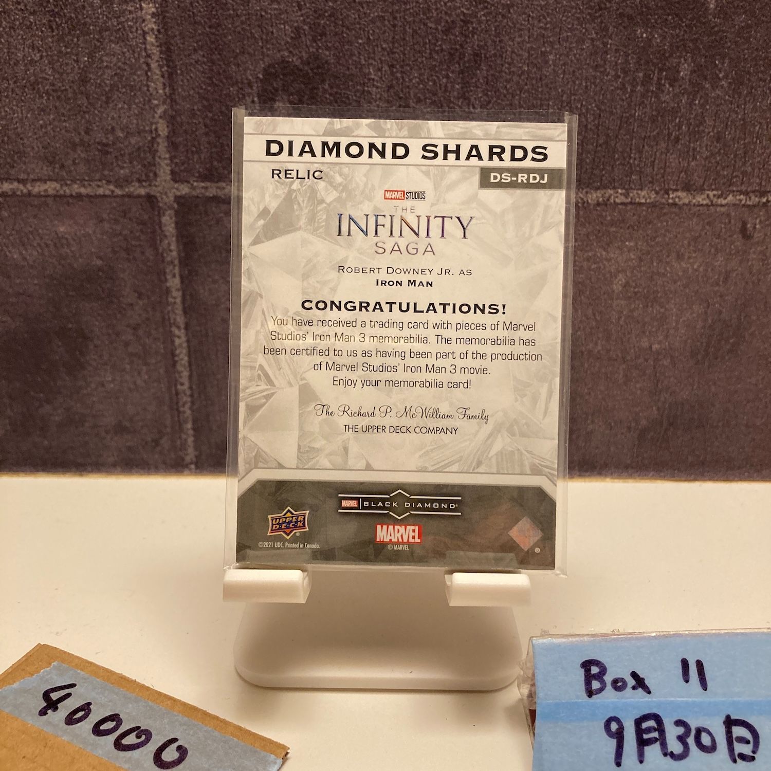 2021 Upper Deck Black Diamond Robert Downey Jr Marvel Studios The Infinity Saga Iron Man 3 Costume Relic カード
