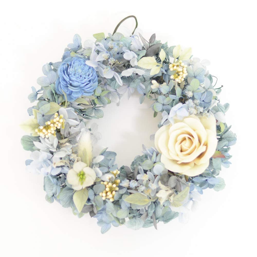パウダーブルー Lulu s ルルズ パウダーブルーのローズリース リース ナチュラルリース プリザーブドフラワー サイズ 幅約180×約50×高さ約180mm パウダーブルー Lulu s-1058