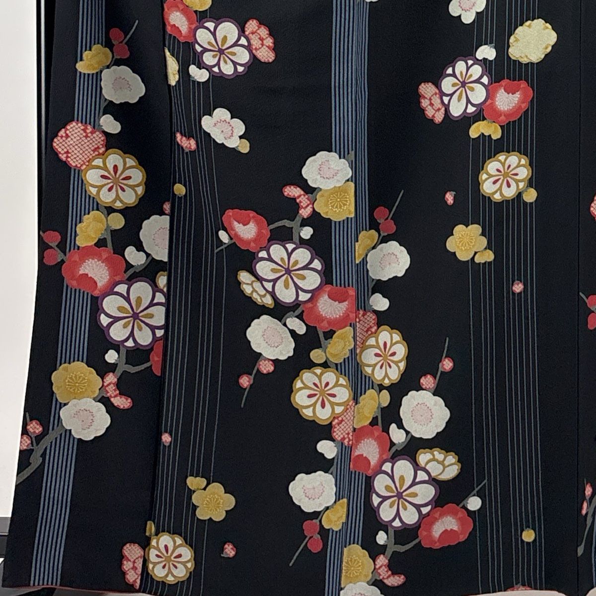 小紋 身丈164cm 裄丈67cm M 袷 枝梅 縦縞 黒 正絹 秀品