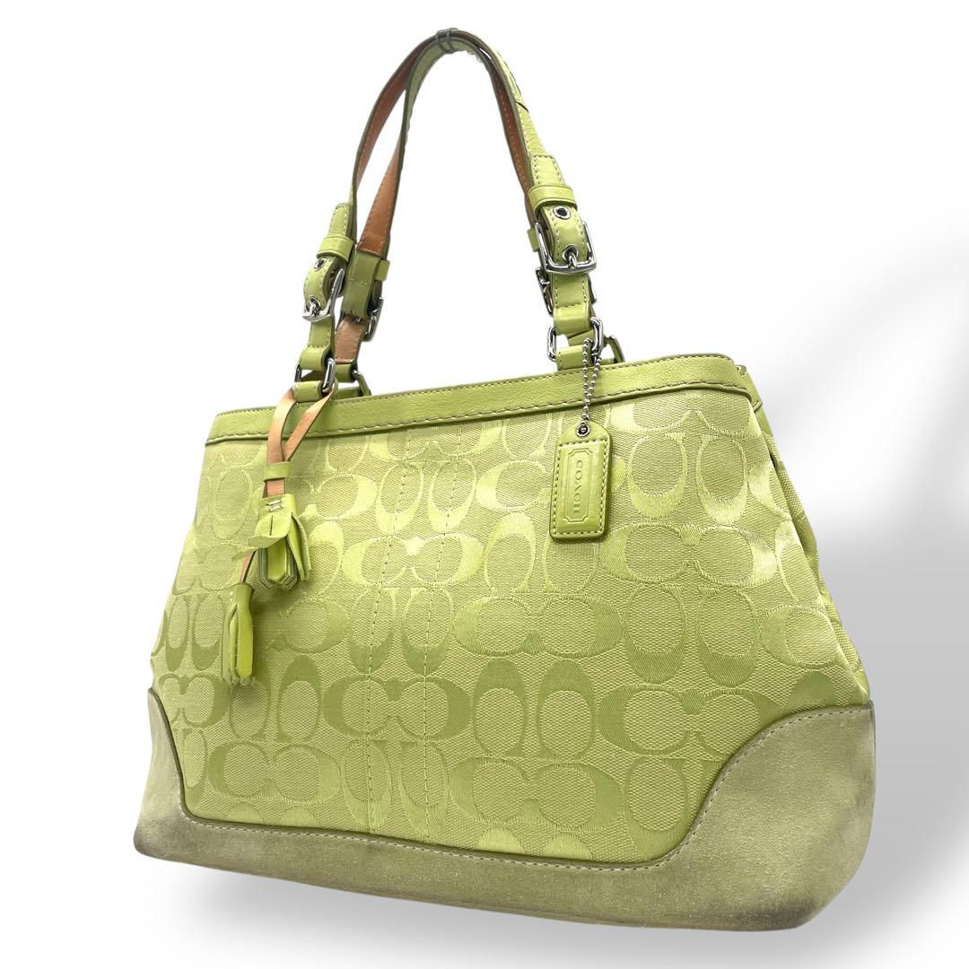 コーチ ハンドバッグ 黄緑 シグネチャー タッセル チャーム キャンバス スエード レザー トートバッグ グリーン レディース 6830