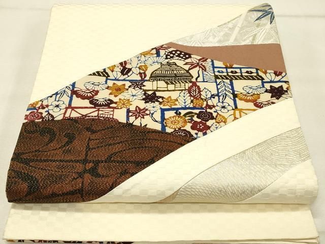 絹様 専用 平和屋着物◎太鼓柄袋帯 切嵌風景文 金糸 正絹 逸品 DAAU4832qp