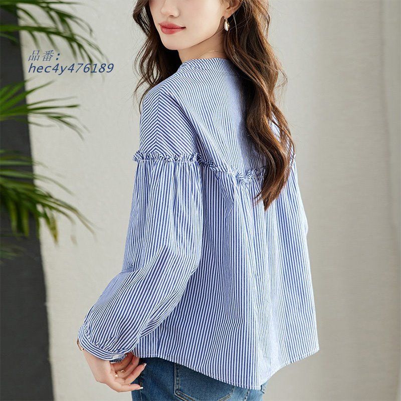 未使用品 コンテ Con te ストライプシャツ フリル ブラウス 長袖 黒 白 *A562 レディース セール】フリルストライプブラウス（シャツ/ブラウス