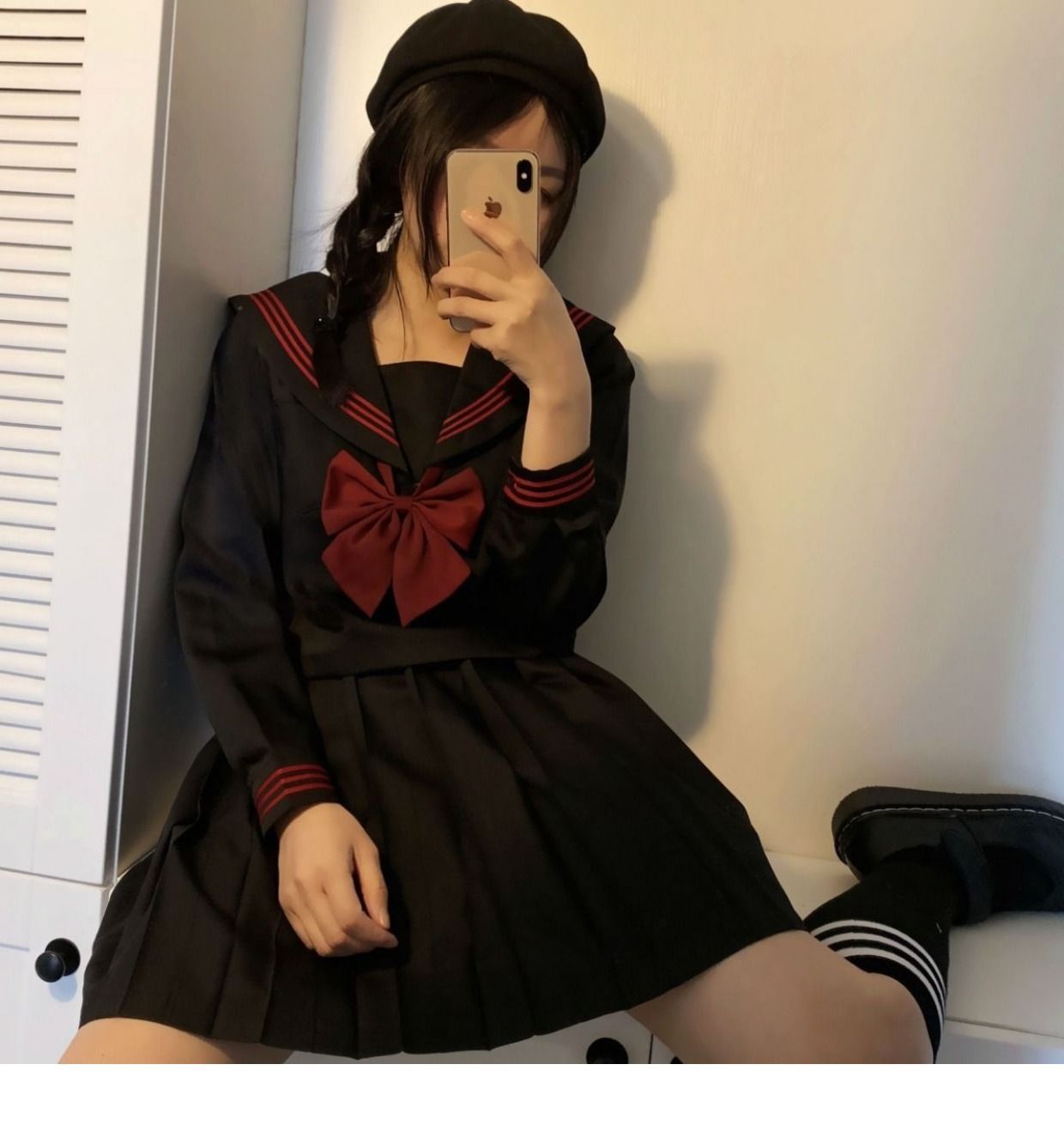 セーラー服 黒 長袖 スカート ロング 3点セット丈選べる 金魚結び 赤三