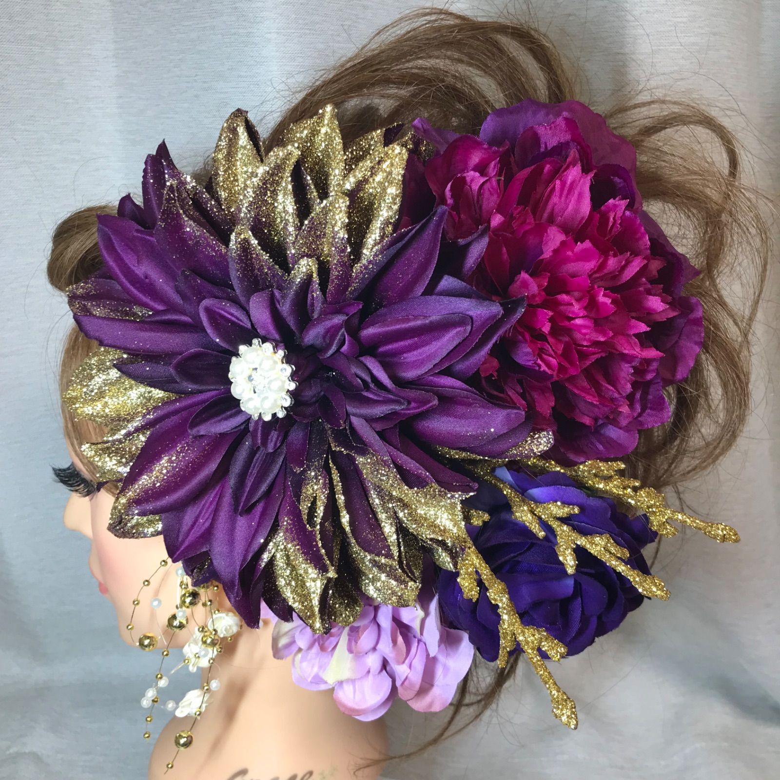 特大 紫ダリア 和装髪飾り 成人式髪飾り 色打掛髪飾り 結婚式髪飾り ラメ キラキラ 派手 花魁