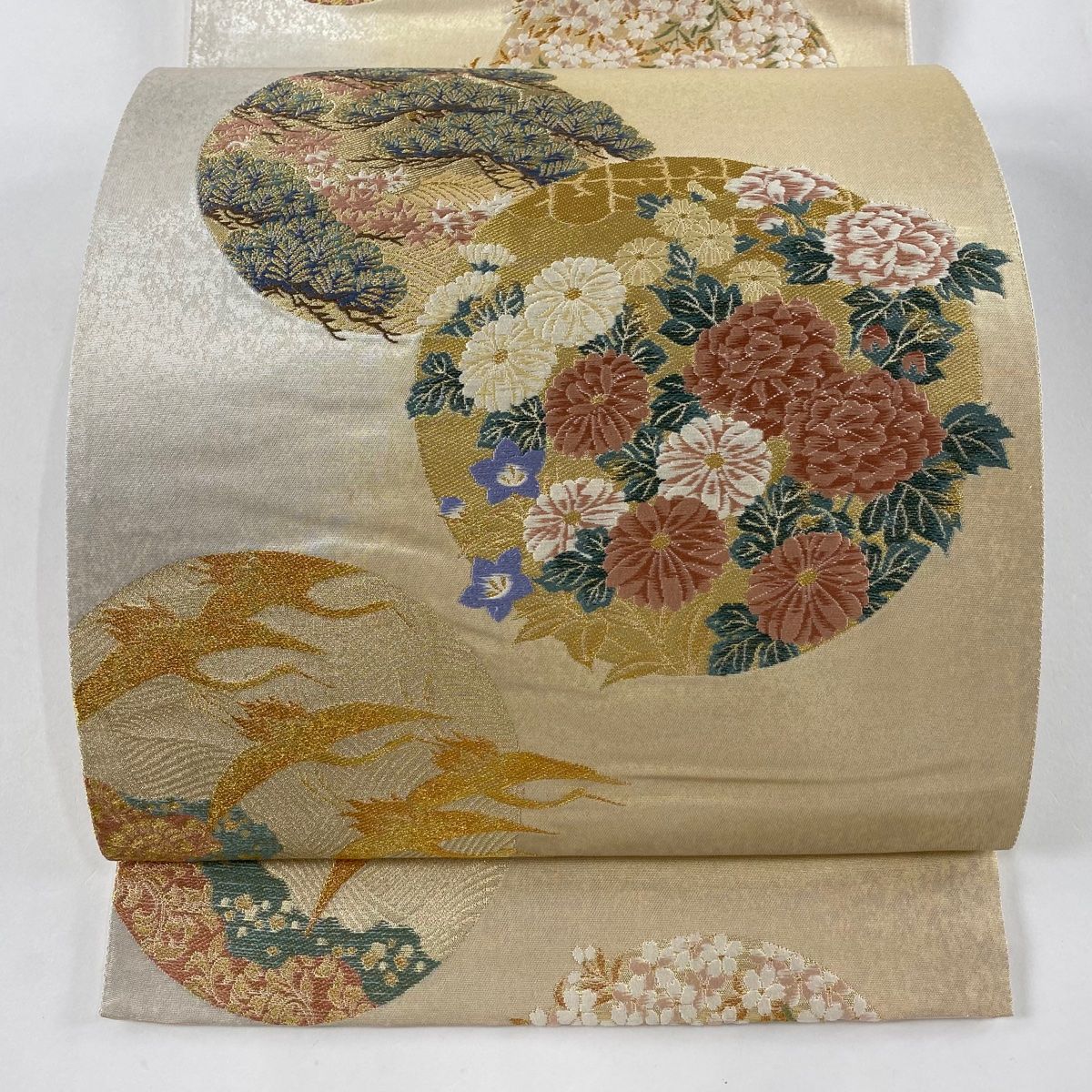 袋帯 美品 名品 じゅらく 落款 草花 鶴 箔 金糸 ベージュ 六通