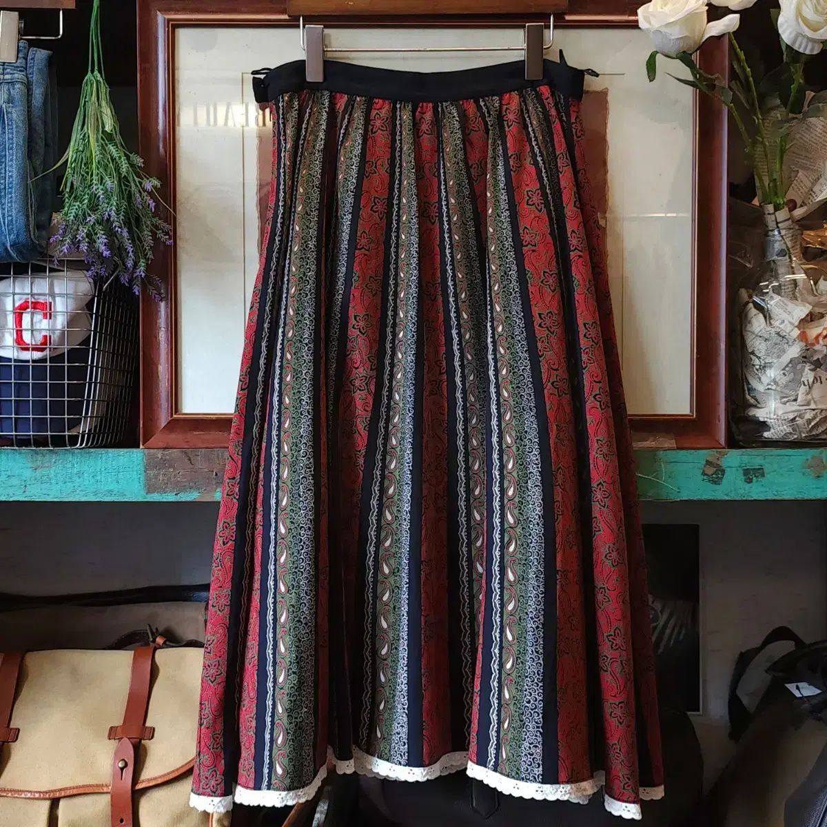 ビンテージ 70s USAエプロン ペイズリー ロング スカート 美品 希少 70's フランス製 レッド×ネイビー ペイズリー柄 プロバンス