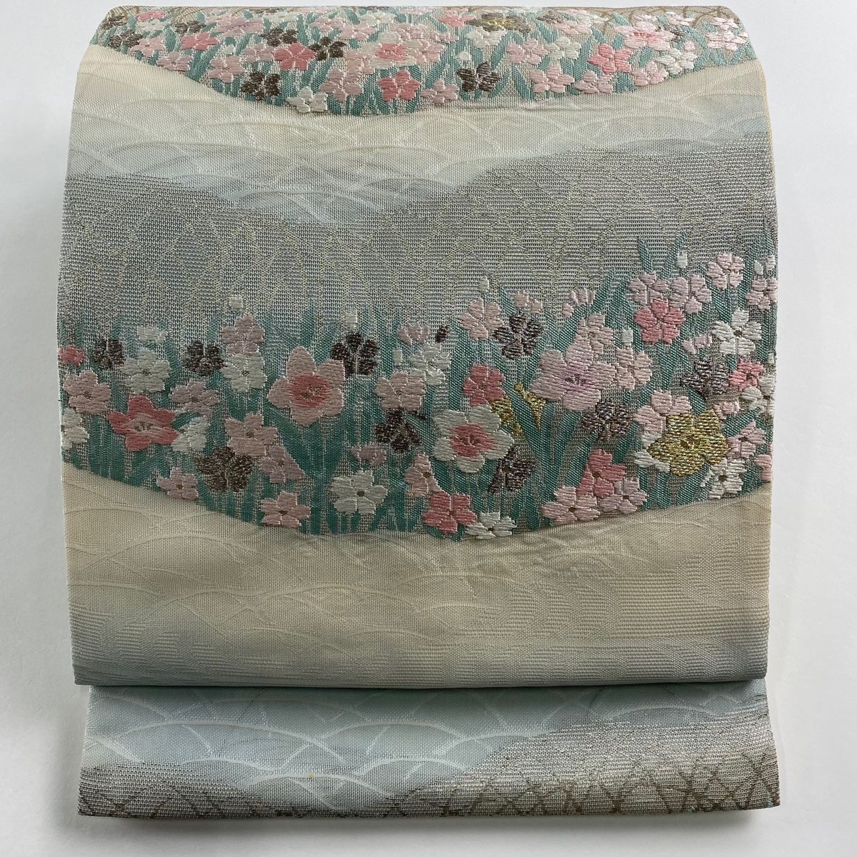 袋帯 秀品 夏帯 紗 草花 芝 金銀糸 箔 ベージュ 六通 正絹