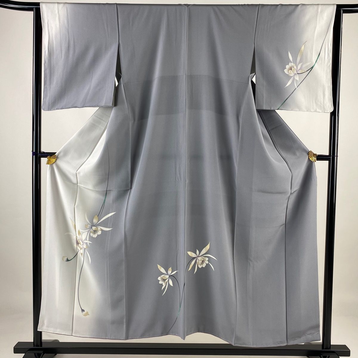 訪問着 身丈154.5cm 裄丈64cm M 袷 草花 金彩 ぼかし 灰色 正絹 美 