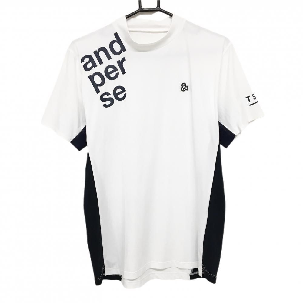 超美品】アンパスィ 半袖ハイネックシャツ 白×ネイビー ロゴ