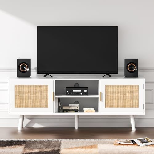 人気商品 tv台 テレビボード テレビ台 ホワイト 組立簡単 収納ラック 扉付 収納スペース wifi ルーター収納 ゲーム機収納 Eumyviv 配線穴 引き出し付 ハンドル付き リビングルーム 藤編み 木製脚 幅119.3cm*奥行40cm*高さ48.2