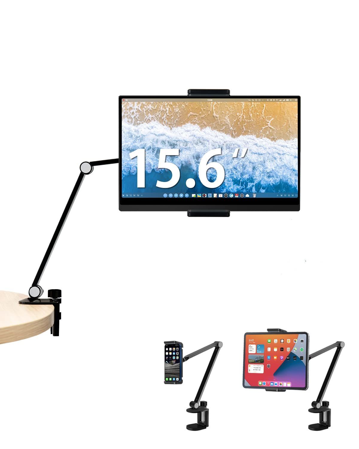 【在庫処分】タブレット ホルダー スマホ アーム 15.6インチ対応 クランプ式 6関節 360度回転 アーム アルミ製 安定 高さ調節 折りたたみ モバイルモニタースタンド 耐荷重1kg iPad スタンド ホ
