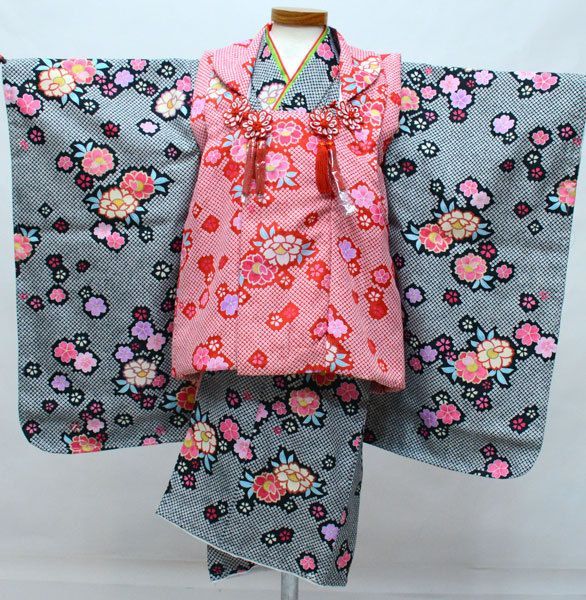 七五三 3歳 3才 三歳 三才 女児 女の子 被布着物フルセット 黒色×赤色