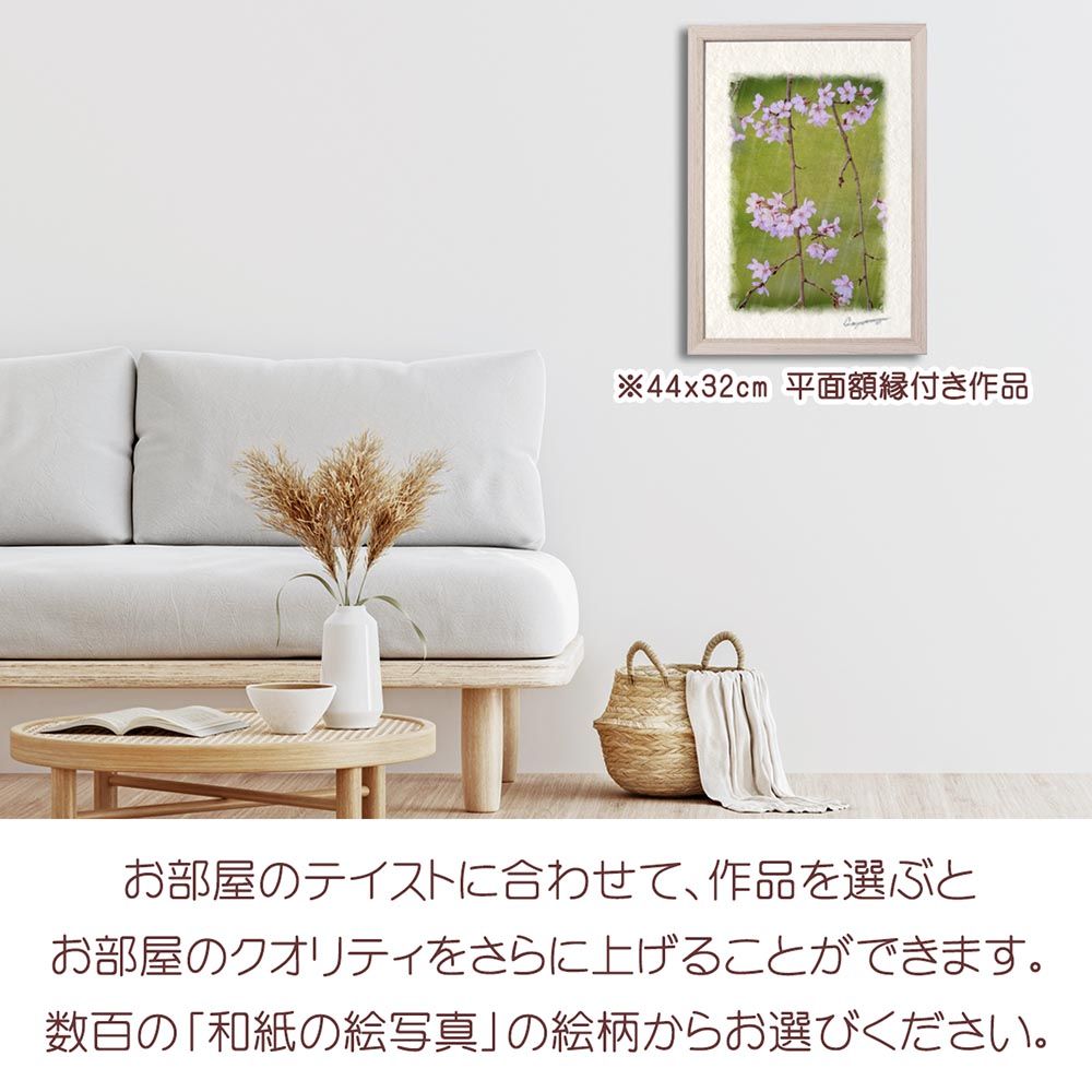 和紙の絵写真 「雨の中のしだれ桜の花」 平面額縁付き 44x32cm 絵画