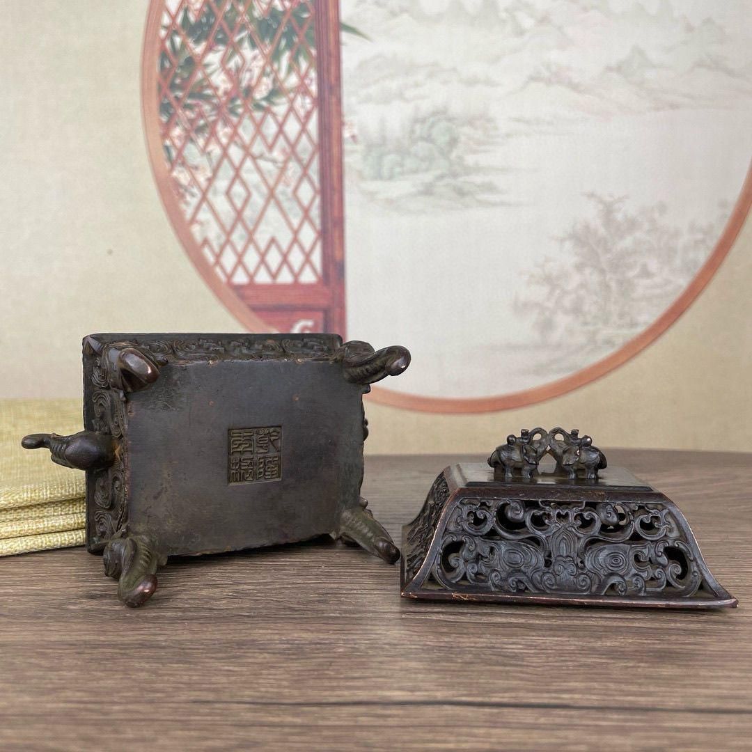 銅製 香炉 象首炉 象足薫炉 四足獣炉 茶道具 香道具 装飾品 工芸