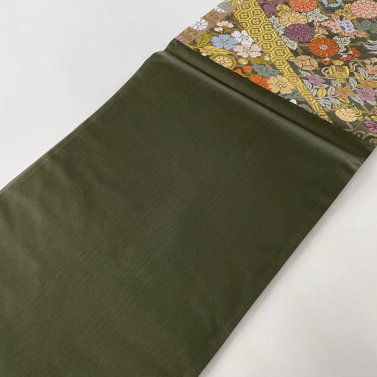 袋帯 美品 名品 草花 宝尽くし 金糸 唐織 茶緑色 六通 正絹 【中古】