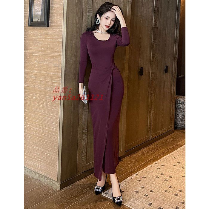 ハイウエストギャザー絞り シンプル長袖タイトロングドレスワンピース 紫 キャバ スナック レディース 服 ドレス 韓国 パーティー yan5a261121