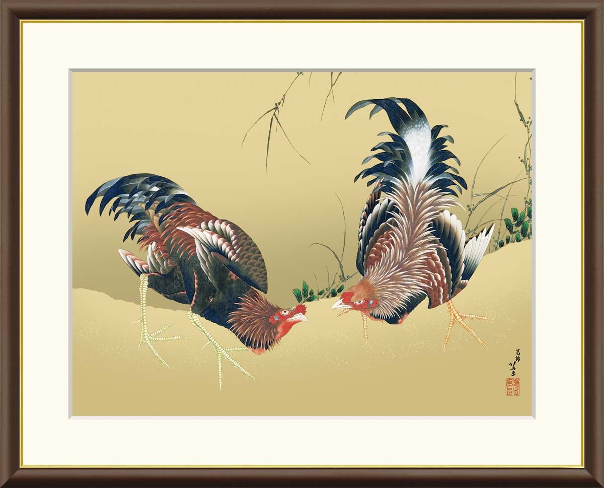 10年保証 名画 油絵 軍鶏図 葛飾北斎 手彩仕上 高精細巧芸画