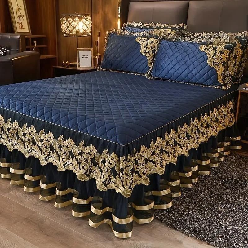ベッドカバー3点セット ベッドスカート 枕カバー 寝具 ベルベット フリル付 ダブルベッド 153cm 200cm キルティング マットレスカバー エレガント かわいい 4-7