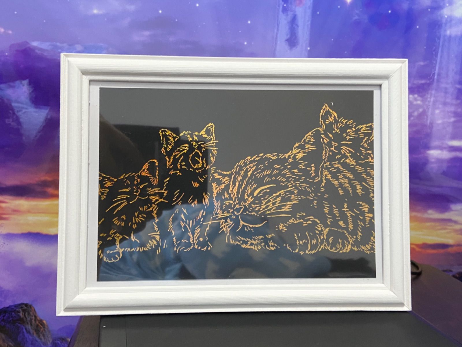猫　スクラッチアート　ハンドメイド　絵画美術品/アンティーク