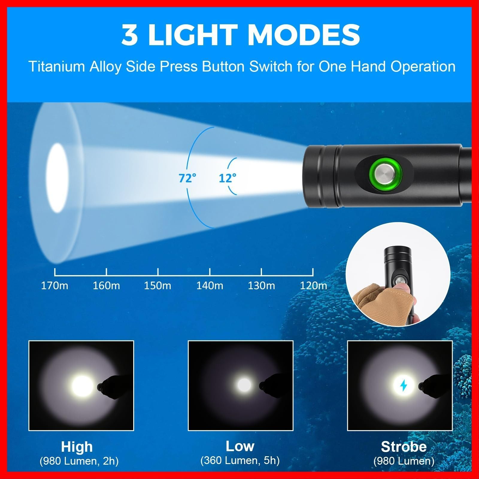 Max 1050ルーメン ダイビングライト IPX8 水中ライト プロ仕様超高輝度