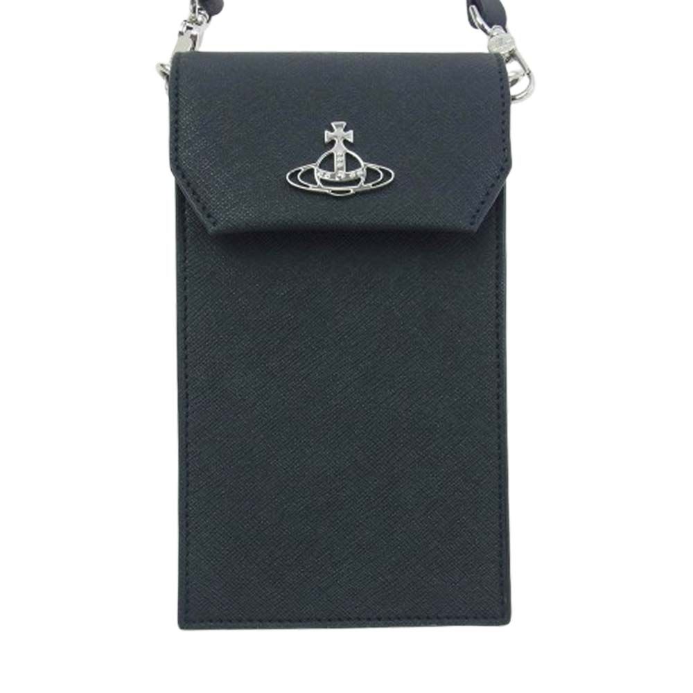 Vivienne Westwood ヴィヴィアンウエストウッド 53030019U SAFFIANO BIOGREEN PHONE BAG スマホ ケース レザー ショルダー バッグ ブラック系【美品】【中古】 Vivienne Westwood ヴィヴィアンウエストウッド 53030019U SAFFIANO