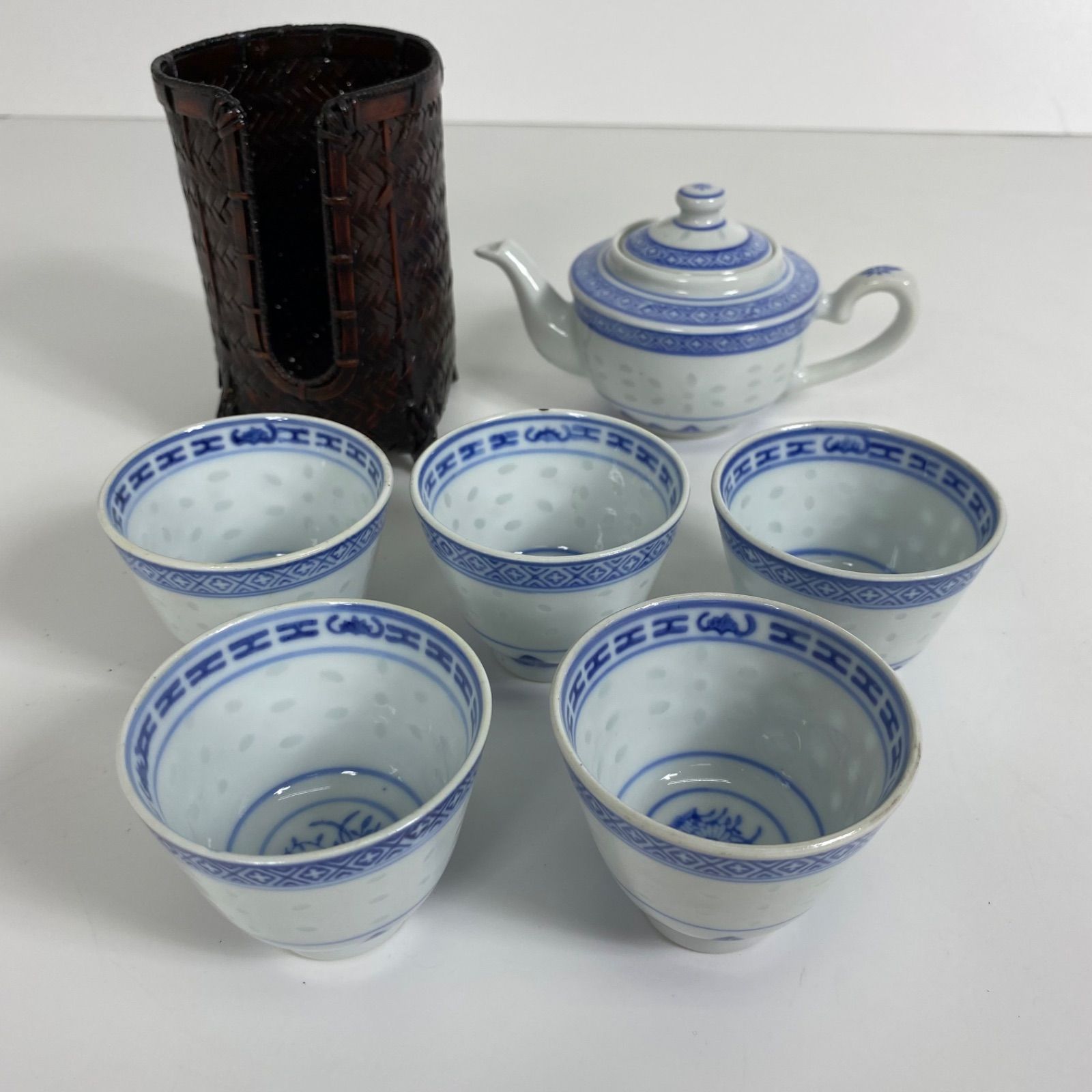 蛍焼き 茶器セット 湯呑み5客 急須 竹製ホルダー 中国茶器 蛍焼