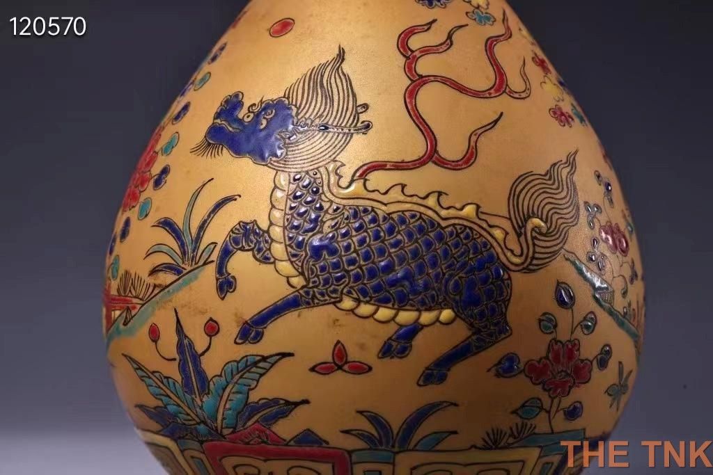 中国古美術・純手描き金陶花瓶・大明成化紋・箱付き・稀有品・