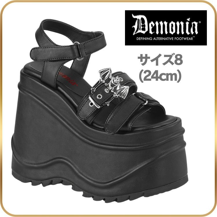 24cm demonia デモニア サンダル 厚底 ウェッジソール 15cm ヒール 黒 ブラック 合皮 バット バックル アンクルストラップ 厚底靴 ロック パンク ゴシック ゴスロリ 原宿系 韓国 ファッション 靴 レディース メンズ