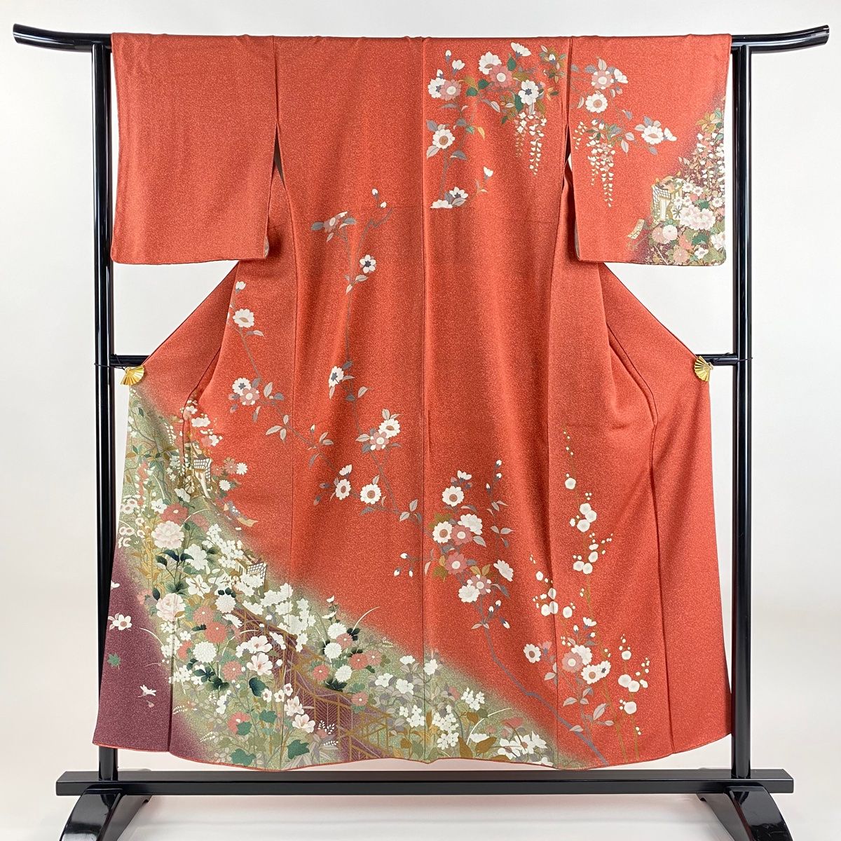 訪問着 身丈152.5cm 裄丈62.5cm S 袷 御所車 草花 金彩 ぼかし 朱色 正絹 秀品