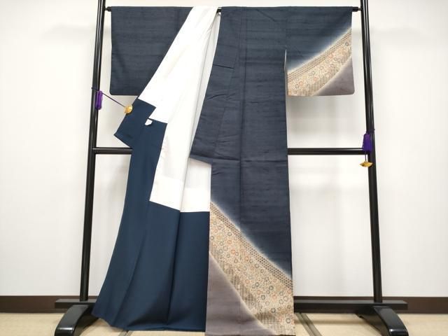 平和屋本店□極上 染織の名門 しょうざん 生紬 訪問着 花唐草文 濃紺地