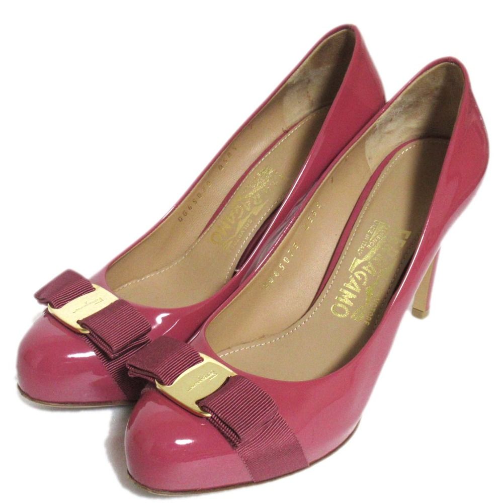 Salvatore Ferragamo サルヴァトーレフェラガモ パテントレザー ヴァラリボン ピンヒール パンプス サイズ7C 約24.5cm ピンク レディース 古着