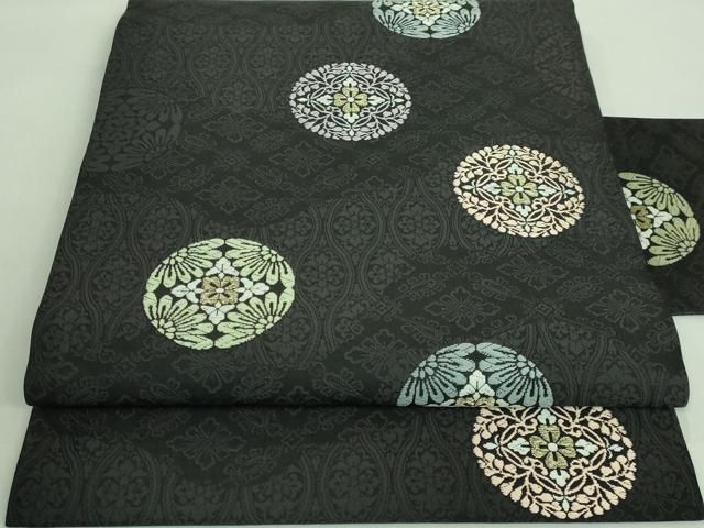 平和屋着物□極上 九寸名古屋帯 唐織 正倉院花丸文 黒地 金糸 逸品  